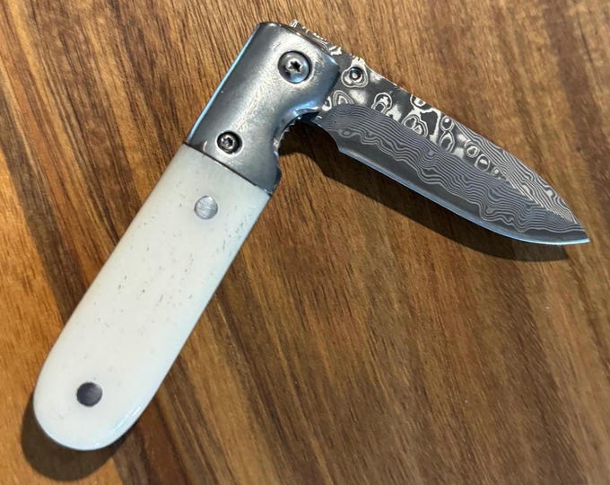 Handmade Damascus VG-10 Folding Knife, Natural Bone Handle