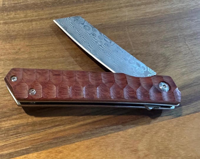 Handmade EDC flipper Knife, Natural Red Wood  Handle