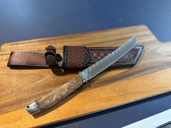 Handmade Jakob's Damascus steel skinning Knife, oak Burl wood handle