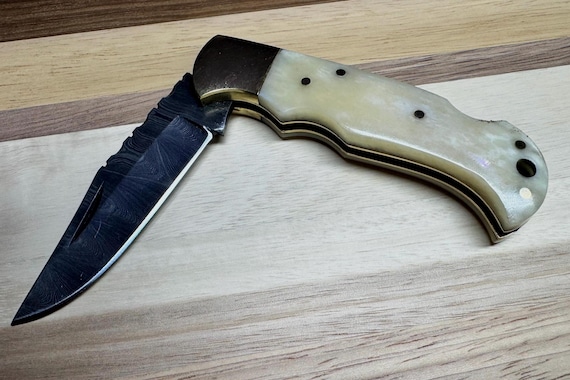 Handmade Jakob's Damascus Steel Folding Knife, Natural Bone Handle