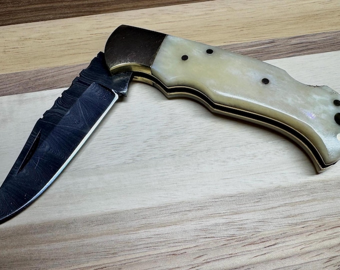 Handmade Damascus Steel Folding Knife, Natural Bone Handle