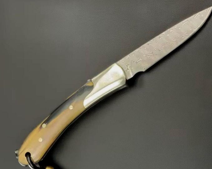Handmade Damascus VG-10 Folding Knife, Natural Bone Handle