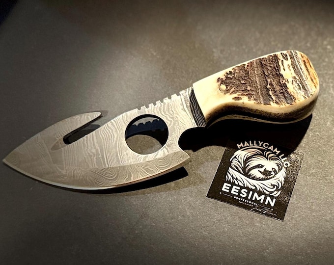 Handmade Damascus Steel Skinner Knife, Deer Antler Handle