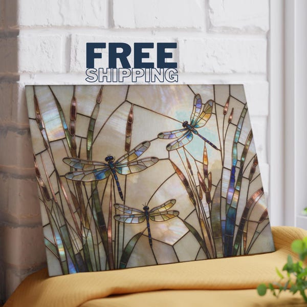 Beautiful Neutral Dragonfly Tempered Glass Cutting Board | Stained-Glass Effect | Housewarming Hostess Gift | Dragon Fly Lover | Charcuterie