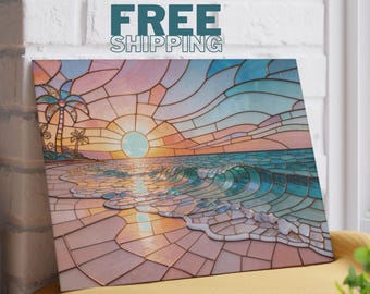 Tabla de cortar de vidrio templado con efecto vidriera de playa tropical / Tabla decorativa para servir embutidos / Regalo para anfitriona / Océano costero