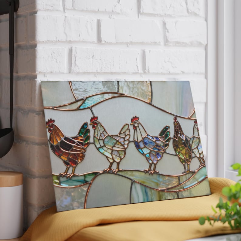 Tabla de cortar de vidrio templado con diseño de pollo / Bandeja para embutidos / Estilo rústico / Regalo para anfitriona / Decoración de cocina campestre / NO es vitral auténtico imagen 2