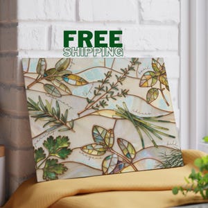 Faux Stained-Glass Herb Stems Glass Cutting Board | Tempered Glass Decorative Chopping Serving | Hostess Gift | Basil | Thyme | Charcuterie