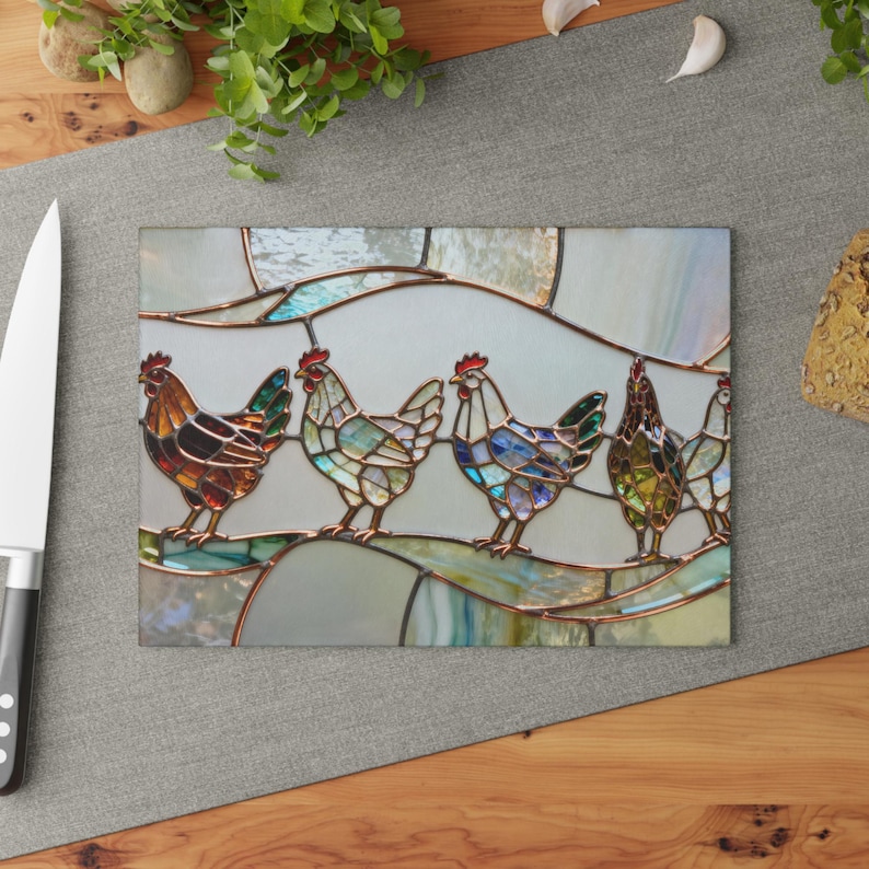Tabla de cortar de vidrio templado con diseño de pollo / Bandeja para embutidos / Estilo rústico / Regalo para anfitriona / Decoración de cocina campestre / NO es vitral auténtico imagen 6