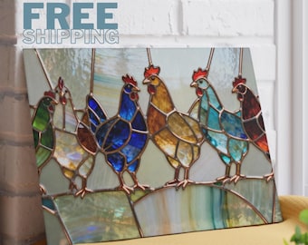 Tabla de cortar de vidrio templado / Gallinas de imitación de vitral, decoración de cocina estilo granja