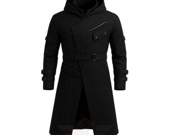 Men’s Black Cyberpunk Hooded Trench Coat: Handmade Cotton Techwear Cosplay Gothic Duster Coat