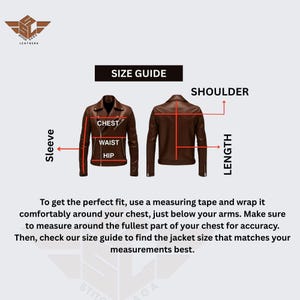 Puede incluir: Una gu&iacute;a de tallas para chaqueta de cuero marr&oacute;n que muestra vistas frontal y trasera con l&iacute;neas rojas que indican los puntos de medici&oacute;n para pecho, cintura, cadera, manga, hombro y largo. Incluye el t&iacute;tulo SIZE GUIDE y las instrucciones.