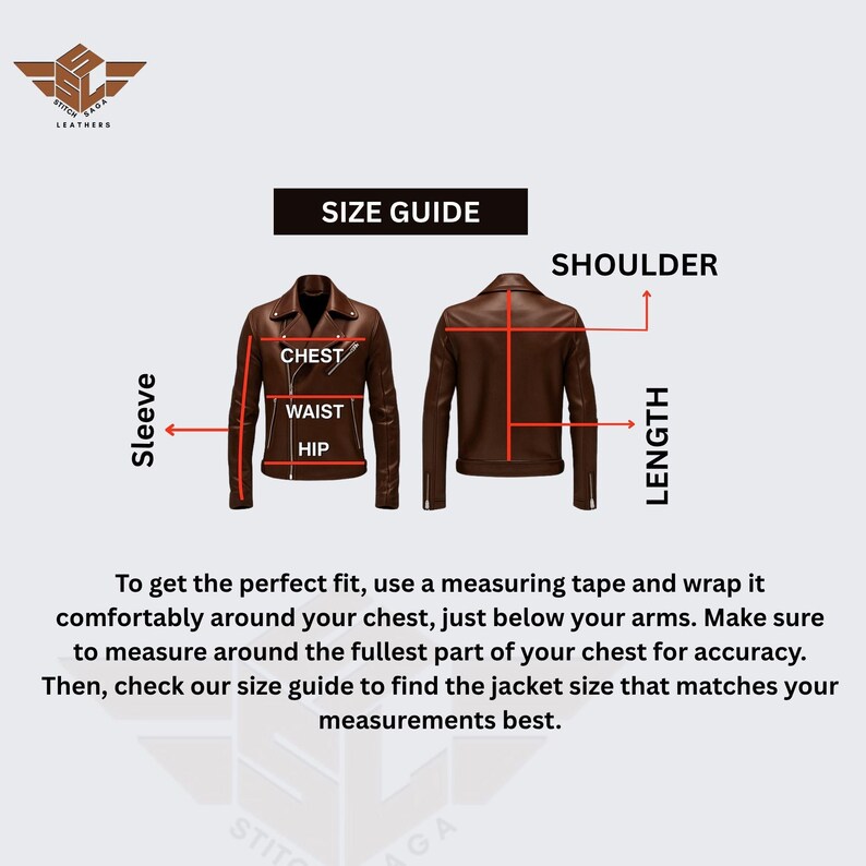 Puede incluir: Una gu&iacute;a de tallas para chaqueta de cuero marr&oacute;n que muestra vistas frontal y trasera con l&iacute;neas rojas que indican los puntos de medici&oacute;n para pecho, cintura, cadera, manga, hombro y largo. Incluye el t&iacute;tulo SIZE GUIDE y las instrucciones.