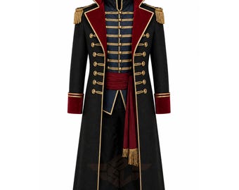 WH40K Commissars Inspired Cosplay Gothic Costume, Steampunk Commander Coat with Red Velvet Lapels