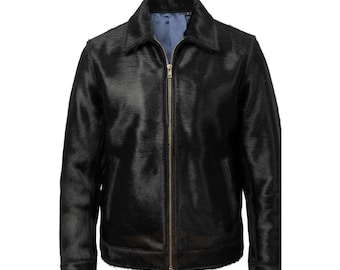Men’s Handmade Hair-On Cowhide Leather Jacket – Black Vintage Western Biker Coat – Gift For Christmas