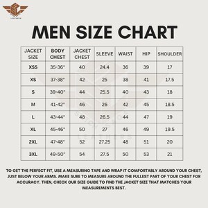 Puede incluir: Una tabla de tallas para chaquetas con columnas para talla de chaqueta, pecho corporal, pecho de chaqueta, manga, cintura, cadera y hombros en pulgadas. La tabla incluye tallas desde XSS hasta 3XL e instrucciones para medir el pecho.