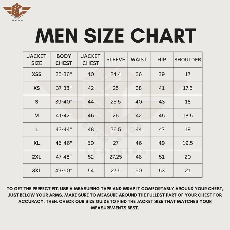 Puede incluir: Una tabla de tallas para chaquetas con columnas para talla de chaqueta, pecho corporal, pecho de chaqueta, manga, cintura, cadera y hombros en pulgadas. La tabla incluye tallas desde XSS hasta 3XL e instrucciones para medir el pecho.
