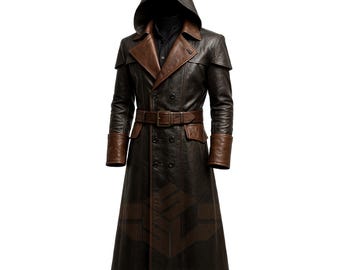 May include: A long, hooded leather coat in dark brown and tan. The coat features a double-breasted design, a belt at the waist, and brown cuffs. The hood is attached, and the coat appears to be made of a textured leather material.