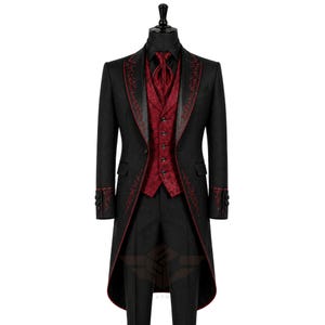 red and black dress jacket Prom Suits Red Suit Jacket Black Lapel Red Black Velvet Tuxedo Jacket With Sequins 42R