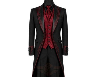 Traje de boda gótico, frac victoriano de algodón negro y rojo, levita bordada, chaleco jacquard.