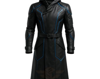 Handmade Cyberpunk Leather Trench Coat – Futuristic Hooded Sci-Fi Jacket