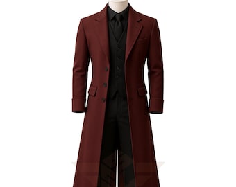 Men's Victorian Gothic Halloween Cotton Tailcoat & Black Vest – Handmade Steampunk Ringmaster Wedding Coat