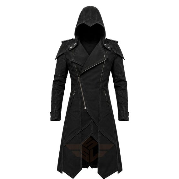 Hooded Gothic Coat, Black Long Cotton Assassin Style Coat, Dark Fantasy Halloween Outfit