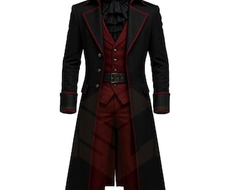 May include: A black long coat with red trim, a matching vest, and trousers. The coat features a double-breasted design with gold buttons and a black belt. The outfit includes a ruffled neck piece.