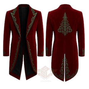 May include: A burgundy velvet tailcoat with green embroidered detailing. The front features ornate trim along the lapels and edges, while the back showcases a decorative tree-like design. The coat has a classic, formal style.