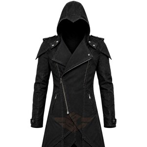 hooded gothic coat
assassin style coat
dark fantasy coat
long black coat
cotton gothic coat
rogue fantasy coat
halloween outfit
larp hooded coat
cosplay long coat
gothic trench coat
pointed hood coat
Halloween costume
goth outerwear