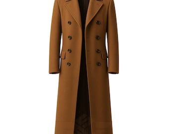 May include: A long, double-breasted, camel-colored coat with a classic design. The coat features a notched lapel, multiple dark brown buttons, and a tailored fit. The coat is made of a wool blend and is suitable for cold weather.