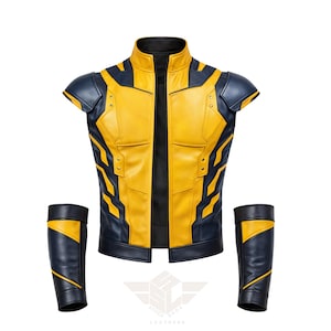 May include: A yellow and navy blue leather vest and arm cuffs set. The vest features a high collar and a central zipper, with navy blue accents and geometric designs. The arm cuffs mirror the vest's color scheme and design.