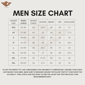 May include: A size chart for men's jackets, with measurements in inches. The chart includes jacket size, body chest, jacket chest, sleeve, waist, hip, and shoulder measurements. Instructions are included to measure for the perfect fit.