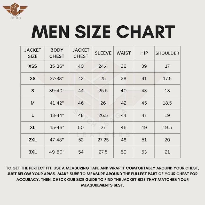 May include: A size chart for men's jackets, with measurements in inches. The chart includes jacket size, body chest, jacket chest, sleeve, waist, hip, and shoulder measurements. Instructions are included to measure for the perfect fit.