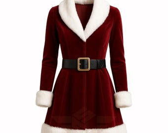 May include: A burgundy velvet coat with a white faux fur collar, cuffs, and hem. The coat features a black belt with a gold-colored buckle. The coat is designed in a Santa Claus style.