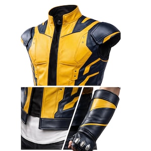 May include: A yellow and navy blue leather jacket with a stand-up collar and black accents. The jacket features a zip-up front and padded shoulders. The image also shows a close-up of the jacket's sleeve and a matching glove.