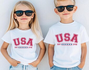 USA 1776 barntröja, 4 juli småbarnströja, patriotisk grafisk t-shirt för pojkar och flickor, amerikansk flagga ungdomströja 4 juli familjetröja