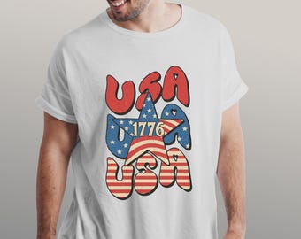 Retro USA 1776 Shirt – 4th of July Vintage Tee – Patriotic T-Shirt for Men – Independence Day Shirt – USA Flag Graphic Tee