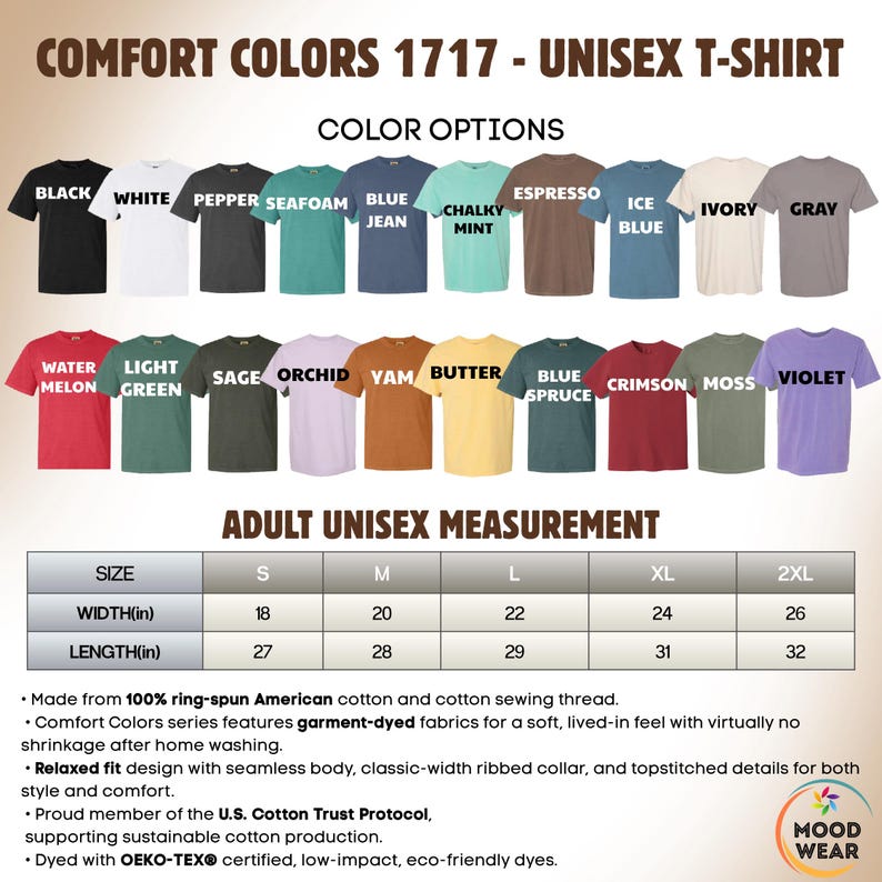 May include: A display of Comfort Colors 1717 unisex t-shirts in various colors, including black, white, and blue jean. The image shows a size chart with measurements in inches, ranging from S to 2XL, with widths from 18 to 26 inches and lengths from 27 to 32 inches.