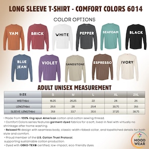 May include: Long sleeve t-shirts in various colors, including Yam, Brick, White, Pepper, Seafoam, and Black. Adult unisex measurements are provided, with widths ranging from 18.25 to 26 inches. Made from 100% ring-spun cotton.