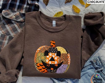 Patchwork Halloween Pumpkin Sweatshirt, Halloween Pumpkin T-Shirt, Spooky Season Sweater, Halloween Cute Women Outfit, Halloween Gift