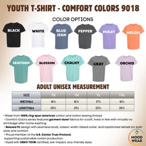 May include: A display of youth t-shirts in various colors, including black, white, blue jean, pepper, violet, and melon. The image also shows measurements for adult unisex sizes, with widths ranging from 14.5 to 19.5 inches and lengths from 20.5 to 26.5 inches.