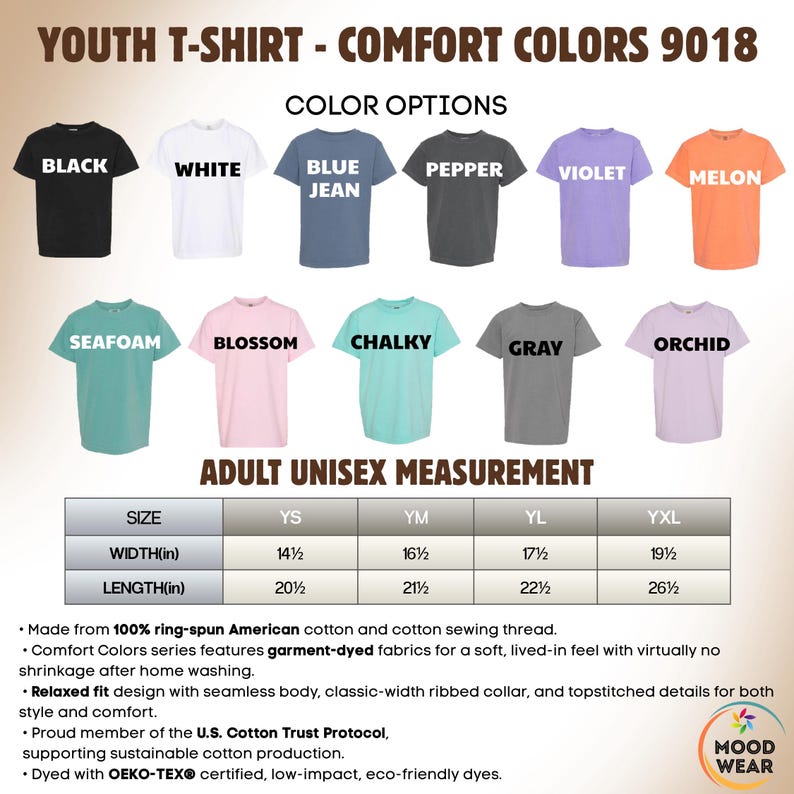 May include: A display of youth t-shirts in various colors, including black, white, blue jean, pepper, violet, and melon. The image also shows measurements for adult unisex sizes, with widths ranging from 14.5 to 19.5 inches and lengths from 20.5 to 26.5 inches.