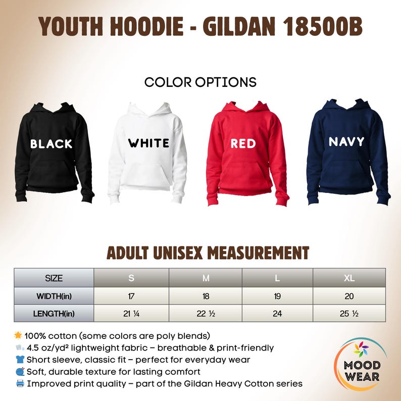May include: A Gildan 18500B youth hoodie shown in black, white, red, and navy. The image includes a measurement chart for adult unisex sizes ranging from S to XL, listing widths from 17 to 20 inches and lengths from 21 1/4 to 25 1/2 inches.