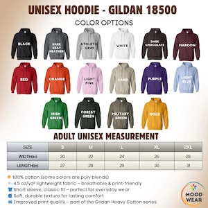 May include: A product image showcasing a variety of unisex hoodies in various colors, including black, gray, white, red, orange, and green. The image also displays a size chart with measurements in inches, and product details such as fabric and fit.