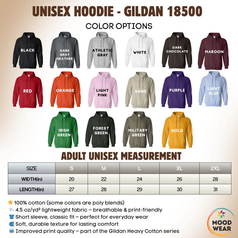 May include: A product image showcasing a variety of unisex hoodies in various colors, including black, gray, white, red, orange, and green. The image also displays a size chart with measurements in inches, and product details such as fabric and fit.