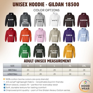 May include: A Gildan 18500 unisex hoodie color chart displaying seventeen color options including black, gray, white, red, orange, pink, sand, purple, blue, and green. A measurement table lists sizes S to 2XL with widths from 20 to 28 inches and lengths from 27 to 31 inches.