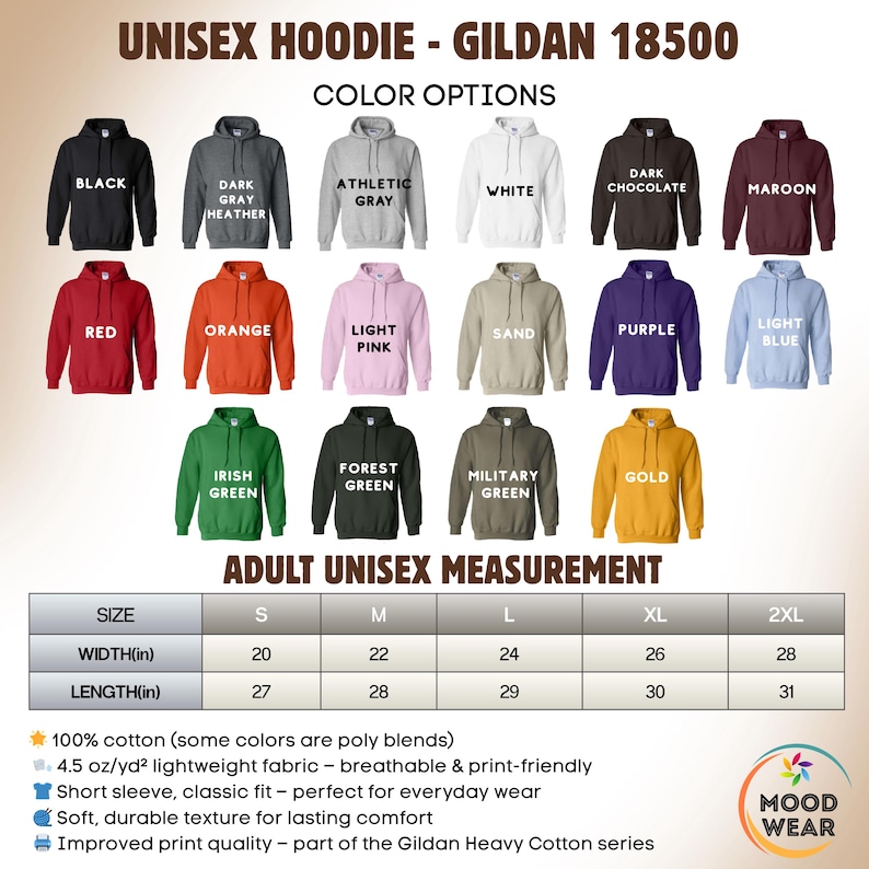 May include: A Gildan 18500 unisex hoodie color chart displaying seventeen color options including black, gray, white, red, orange, pink, sand, purple, blue, and green. A measurement table lists sizes S to 2XL with widths from 20 to 28 inches and lengths from 27 to 31 inches.