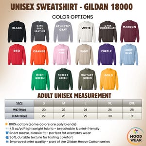 May include: A product image showcasing a Gildan 18000 unisex sweatshirt, available in various colors including black, red, and gold. The image includes a size chart with measurements in inches, and details about the fabric and fit.
