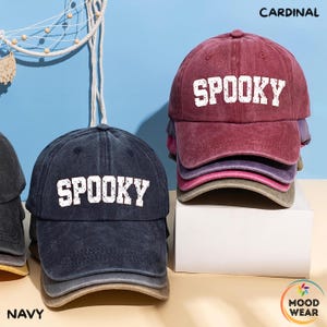 Spooky Hat, Halloween Baseball Cap, Vintage Washed Cotton DTF Print Hat, Scary Season Aesthetic Hat, Fall Gift for Her or Him