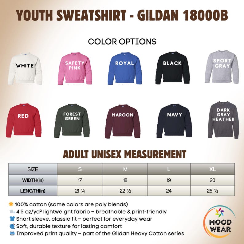May include: A Gildan 18000B youth sweatshirt color chart displaying ten options: white, safety pink, royal, black, sport gray, red, forest green, maroon, navy, and dark gray heather, alongside an adult unisex measurement table in inches.